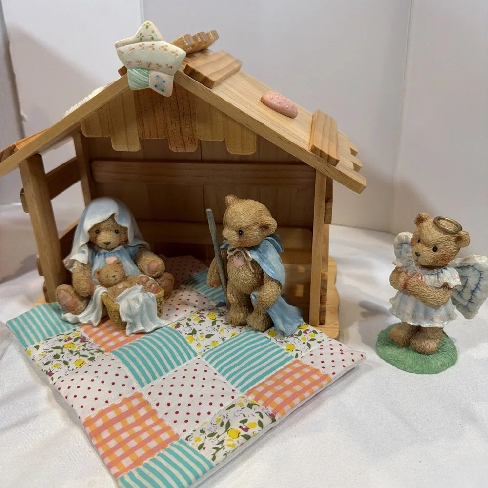 Vintage Enesco Cherished Teddies Nativity 4 Piece Set Stable‎ Figurines Box
